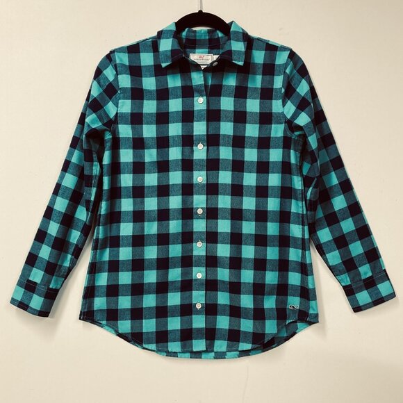 Vineyard Vines Tops - Vineyard Vines Performance Top, Women's 0‎ (XS), Relaxed Navy & Teal Check